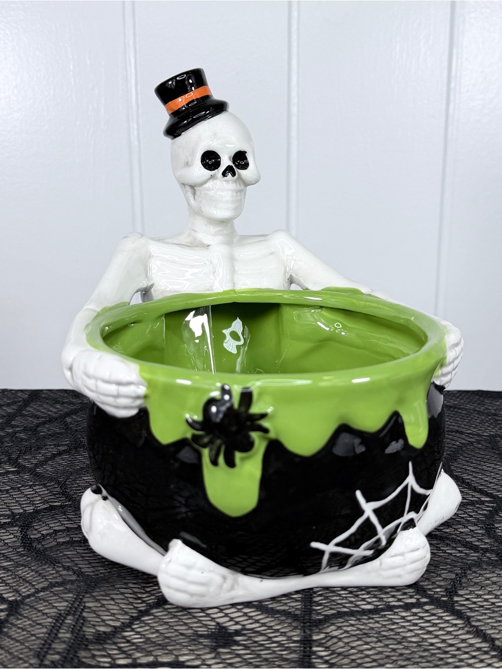 NEW Spooky Hollow Skeleton Holding a Cauldron Halloween Bowl